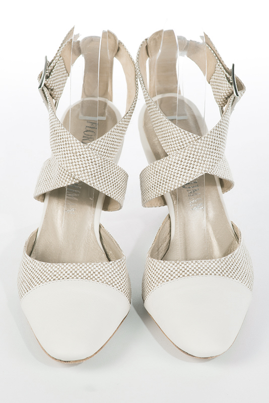 Off white women's open back shoes, with crossed straps. Round toe. High slim heel. Top view - Florence KOOIJMAN